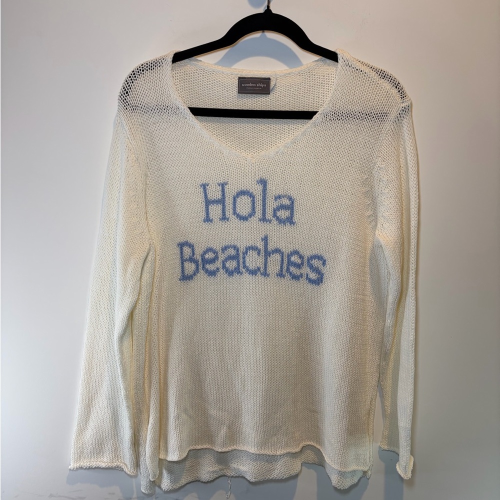 Wooden Ships Cream V-Neck Knit Sweater with Blue "Hola Beaches"